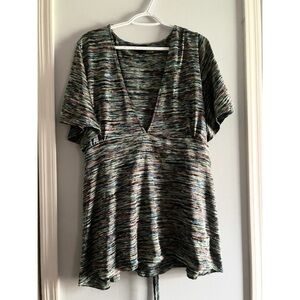 Size 4 Torrid Y2K VTG Pink Tag Metallic Rainbow Tieback Short Sleeve Wrap Top